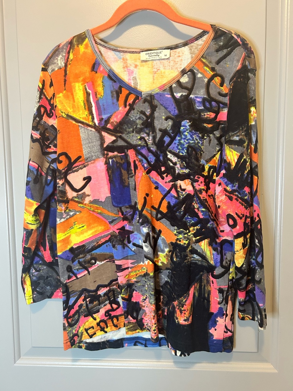 Multicolor Boho Abstract Print V-Neck Top - Orange/Pink/Blue